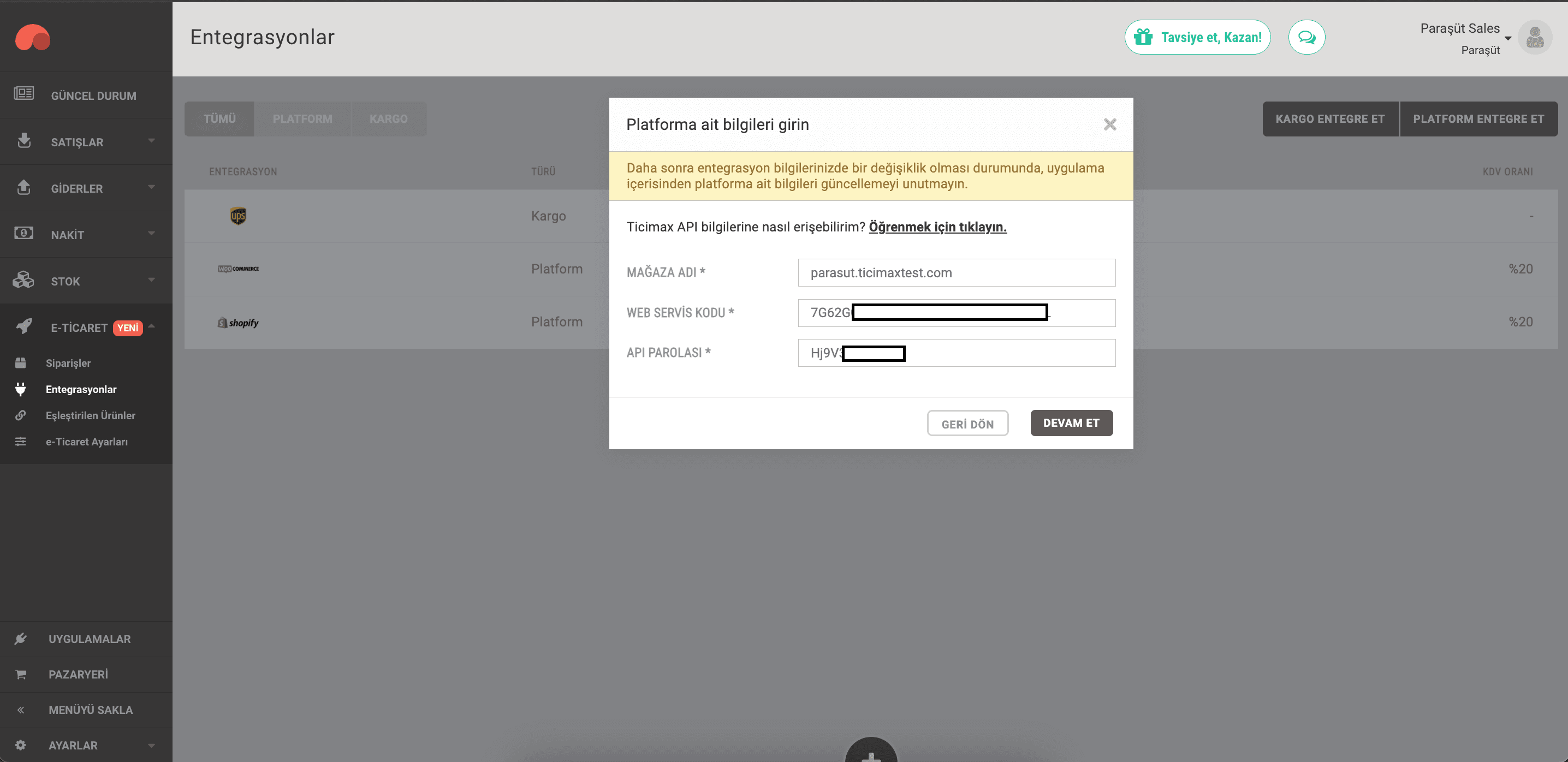 Ticimax Paraşüt Entegrasyonları