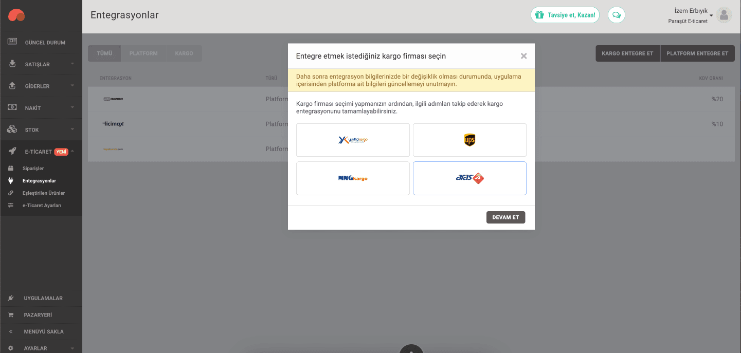 Aras kargo entegrasyonu 2